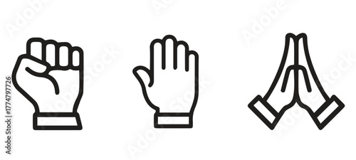 Empowering icon set showing hand gestures representing strength, stop and prayer for positive designs and spiritual messages of hope and respect