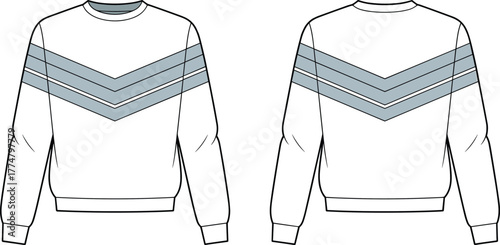 Sweatshirt fashion illustration, technical flat sketch, front and back view, chevron stripe design, crew neck, ribbed cuffs hem, casual sportswear
