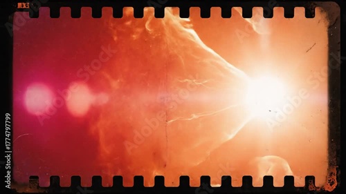Abstract film frame with orange light and flares textured vintage style background copy space