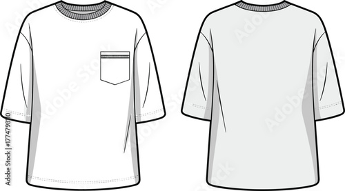 T shirt fashion illustration, technical flat sketch, front and back view, chest pocket detail, round neckline, short sleeve, casual apparel