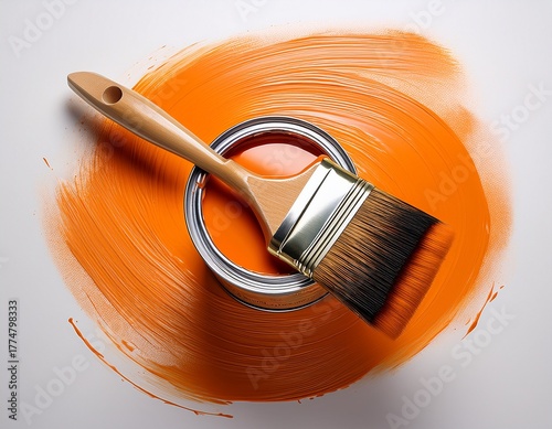 orange paint tin can with brush on top on a white background with orange strokes