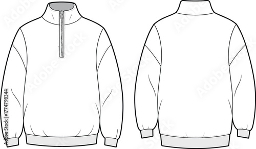 Sweatshirt fashion illustration, technical flat sketch, front and back view, half zip collar, long sleeve pullover, ribbed cuffs, ribbed hem