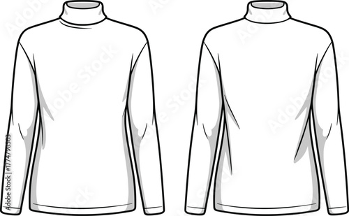 Turtleneck shirt template front and back, long sleeve fashion sketch, fitted design, unisex apparel illustration, technical clothing drawing, casualwear mockup style