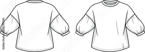 Womens top fashion illustration, technical flat sketch, front and back view, puff sleeves, round neckline, loose fit, curved hem design