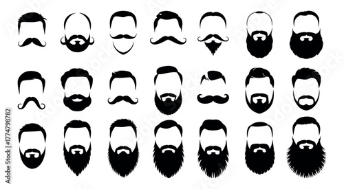 A collection of black silhouette icons showcasing various styles of men's beards, mustaches, and accompanying hairstyles, isolated on a white background