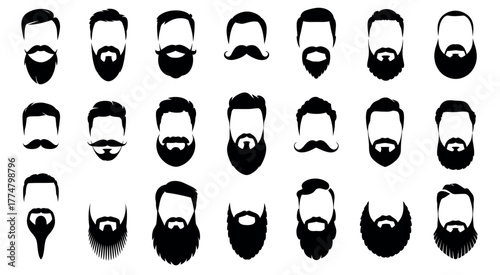 Collection of men’s beard and mustache silhouettes isolated on transparent background