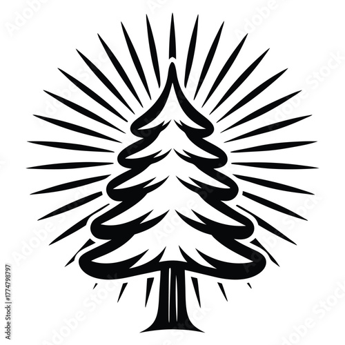 A bold black tree silhouette stands amid radiating light beams on white