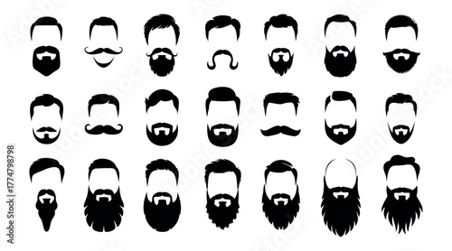 A diverse collection of black silhouette icons showcasing various men's hairstyles, beards, and mustaches. Set of male haircut and facial hair styles for barbershop