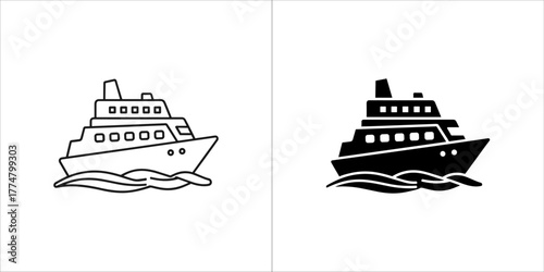 Outline and silhouette of a cruise ship sailing on waves