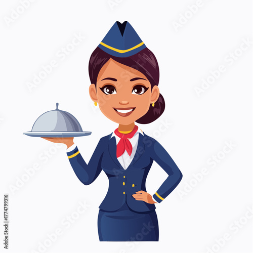 Smiling flight attendant with tray presenting service cartoon illustration