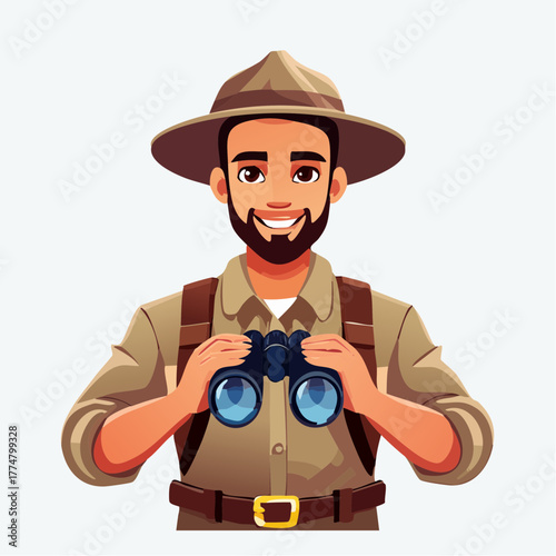Smiling man with binoculars outdoors looking for adventure on white background