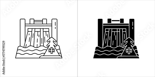 Outline and silhouette of a dam with water flowing and a tree