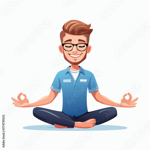 Smiling man in meditation pose with closed eyes isolated on white background