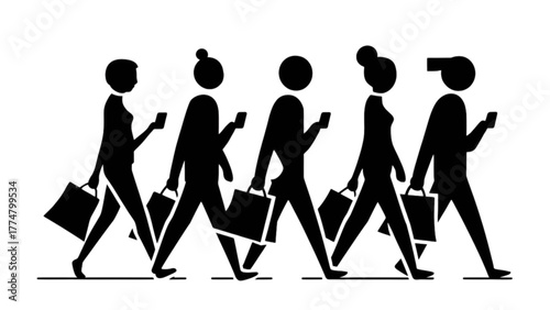 Silhouettes of people walking with shopping bags and phones