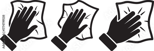 Three hands wiping surfaces with cloths in a silhouette style