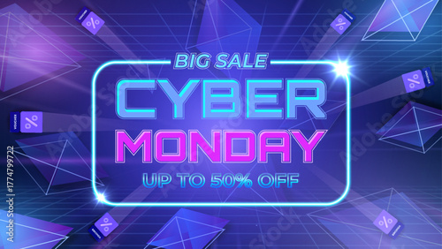 Big Sale Cyber Monday Neon Banner With discount For Online Shopping