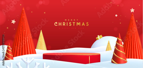 Holiday Christmas showcase red background with snow, 3d podium and Christmas trees. Abstract minimal scene. Vector illustration
