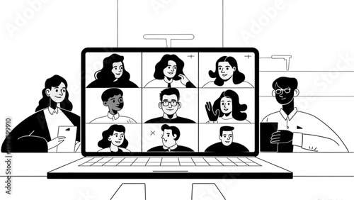Video Conference Call with Diverse Participants on Laptop Screen