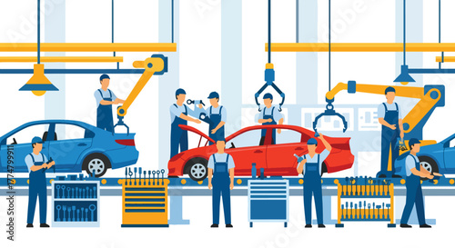 Flat vector of automotive assembly line with workers and robots, industrial production and technology concept