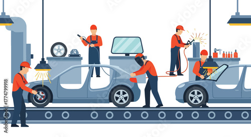 Flat vector of automotive assembly line with workers and robots, industrial production and technology concept