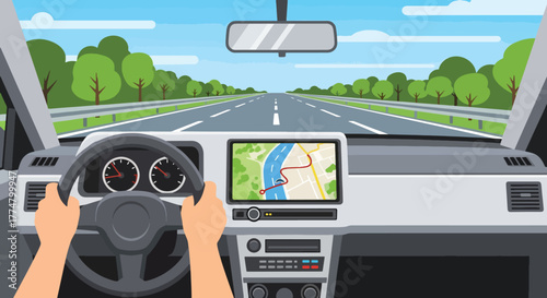 Flat vector of modern car dashboard and steering view, GPS, innovation and driving technology concept