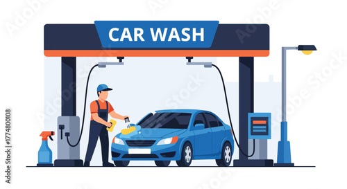 Flat vector of workers washing and drying cars at car wash station, cleaning and service concept