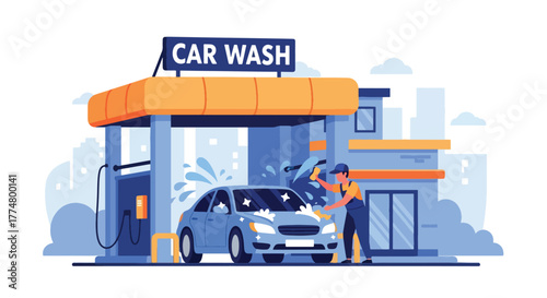 Flat vector of workers washing and drying cars at car wash station, cleaning and service concept