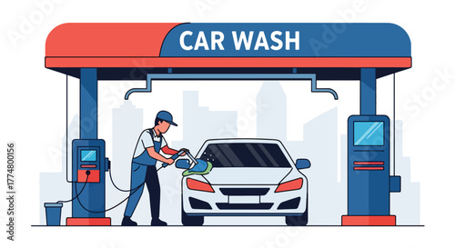 Flat vector of workers washing and drying cars at car wash station, cleaning and service concept