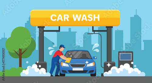 Flat vector of workers washing and drying cars at car wash station, cleaning and service concept
