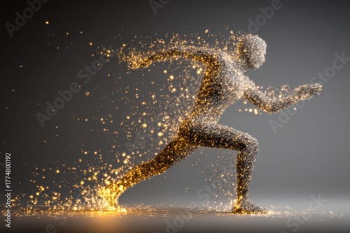A dynamic wireframe human figure in motion, running with glowing gold particles surrounding him.