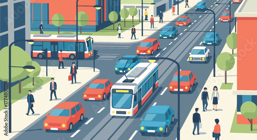 Flat vector of urban city traffic with vehicles and pedestrians, modern transportation and lifestyle concept