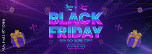 Black Friday Neon Sale Banner With Gift Boxes And Discount