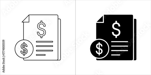 Simple icon representing financial document with dollar sign and coin, black and white