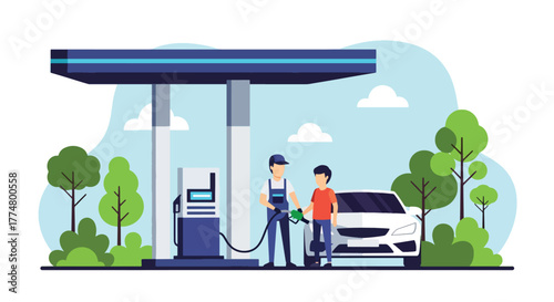 Flat vector of gas station with cars refueling and staff assisting customers, automotive service and energy illustration