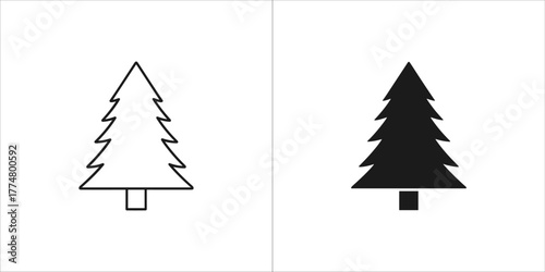 Two stylized christmas tree icons, one outlined and one solid black