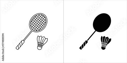 Two badminton racket and shuttlecock icons, one outlined and one solid black