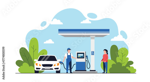 Flat vector of gas station with cars refueling and staff assisting customers, automotive service and energy illustration