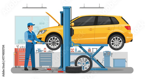 Flat vector of mechanic changing car tire with tools in repair shop, safety and automotive maintenance concept