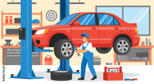 Flat vector of mechanic changing car tire with tools in repair shop, safety and automotive maintenance concept