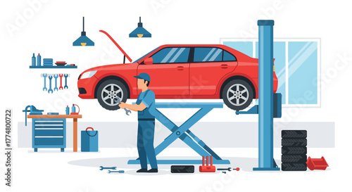 Flat vector of mechanic changing car tire with tools in repair shop, safety and automotive maintenance concept