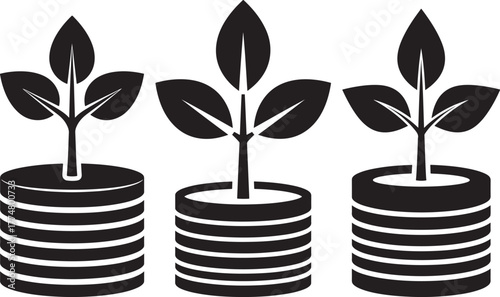 Three growing plants emerging from stacked coins silhouette