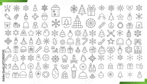 Collection of hand drawn winter holiday and christmas icons in a simple line art style