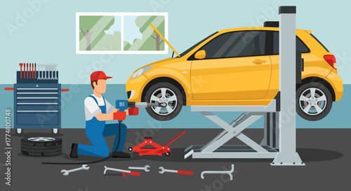 Flat vector of mechanic changing car tire with tools in repair shop, safety and automotive maintenance concept