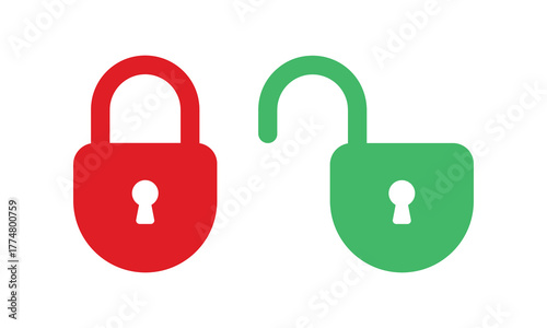 Red locked and green unlocked padlock icons with white keyholes for access control UI