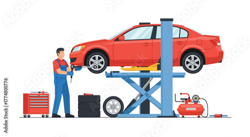 Flat vector of mechanic changing car tire with tools in repair shop, safety and automotive maintenance concept
