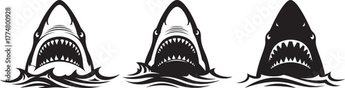 Three fierce shark silhouettes emerging from wavy water silhouette