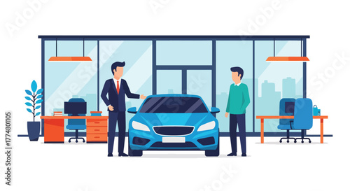 Flat vector of salesperson showing new car to clients in showroom, automotive sales and marketing illustration