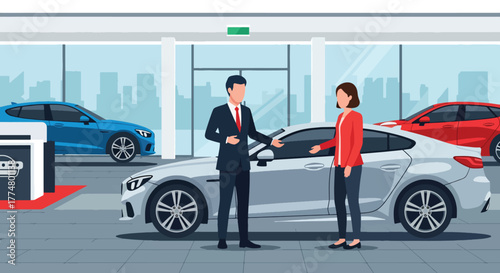 Flat vector of salesperson showing new car to clients in showroom, automotive sales and marketing illustration
