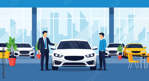 Flat vector of salesperson showing new car to clients in showroom, automotive sales and marketing illustration