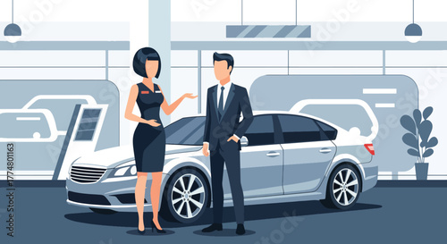 Flat vector of salesperson showing new car to clients in showroom, automotive sales and marketing illustration